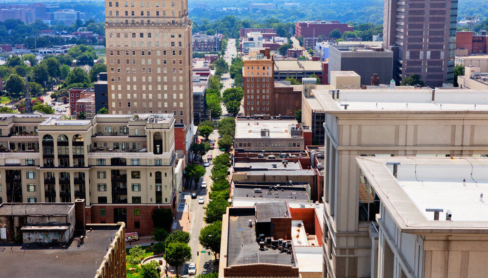 Aerial view of downtown Winston-Salem and Kimpton Cardinal Hotel