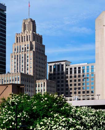 elevated city view of buildings